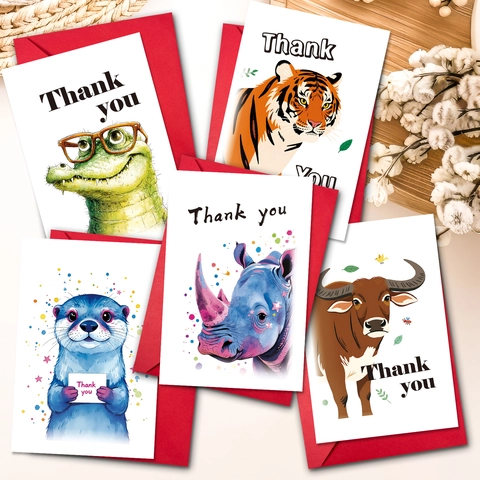 Africa Animal Series Thank You Cards And Envelopes Cute Tiger Crocodile Otter Rhino Buffalo Illustration Greeting Cards