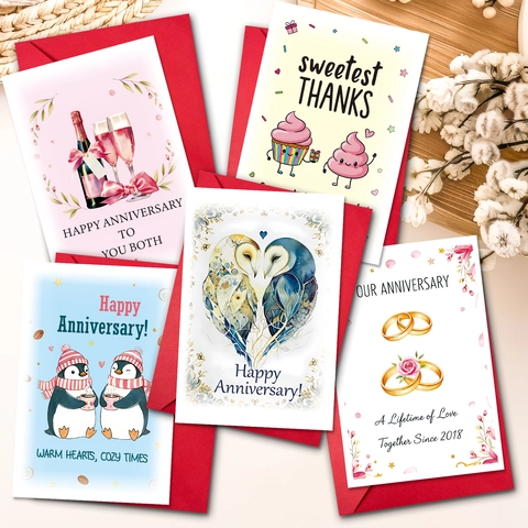 Biglietto Auguri Anniversario Busta Rossa Illustrazione Romantica Champagne Gufo Pinguino Design Matrimonio Celebrazione