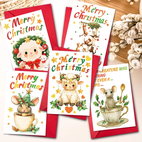 Christmas Greeting Card Set With Red Envelopes Cute Cartoon Animals Cat Sheep Mouse Merry Christmas DIY Gift Card Hand Written Warm Blessing Holiday Postcard