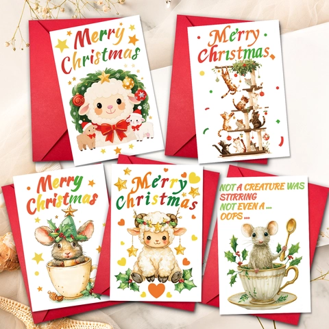 Christmas Greeting Card Set With Red Envelopes Cute Cartoon Animals Cat Sheep Mouse Merry Christmas DIY Gift Card Hand Written Warm Blessing Holiday Postcard