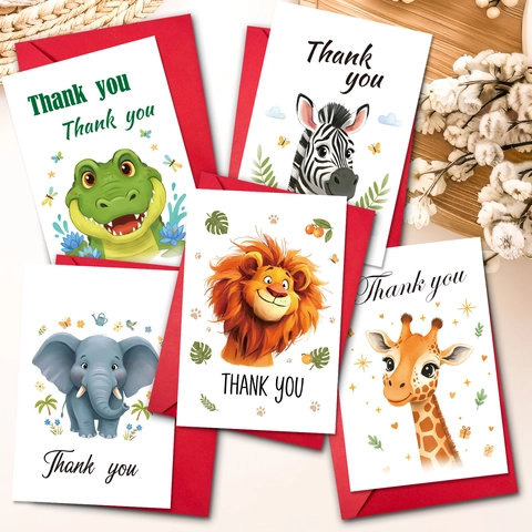 Biglietti di Ringraziamento Animali Cartoni Animati Con Buste Rosse Zebra Leone Elefante Giraffa Set di Biglietti d'Auguri