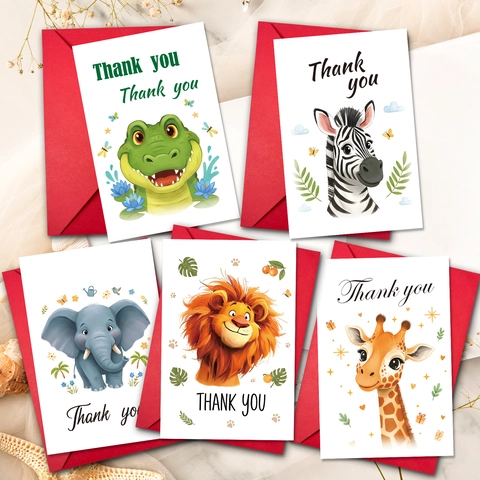 Biglietti di Ringraziamento Animali Cartoni Animati Con Buste Rosse Zebra Leone Elefante Giraffa Set di Biglietti d'Auguri