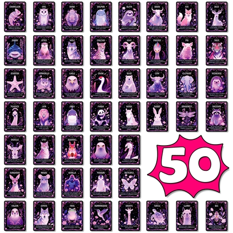 Lot de 50 Cartes Oracle Animaux Violettes Illustration Mystique Cartes d'Affirmation Avec Citations Inspirantes Cadeau
