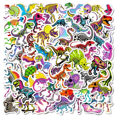 Autocollants Squelette de Dinosaure Néon Vinyle Imperméable Stickers Dessin Animé Os de Dino Graffiti pour Ordinateur Bouteille d'Eau Enfants