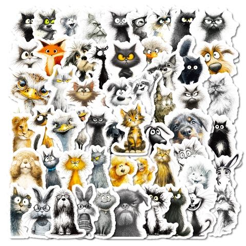 Funny Frizzy Animal Doodle Sticker Set Cartoon Cat Dog Waterproof PVC Decals For Laptop Phone Case Luggage Scrapbook Decoration