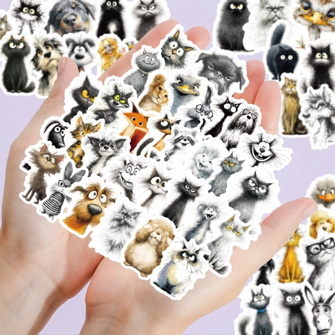 Funny Frizzy Animal Doodle Sticker Set Cartoon Cat Dog Waterproof PVC Decals For Laptop Phone Case Luggage Scrapbook Decoration
