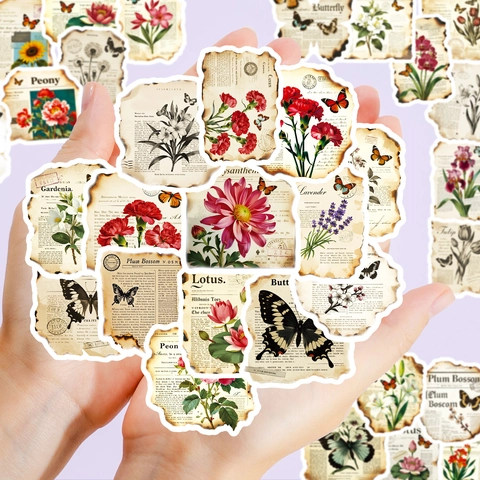 Pegatinas Vintage De Flores Botánicas Y Mariposas Para Scrapbooking Manuscrito Antiguo Borde Quemado Calcomanías Para Diario Decoración DIY