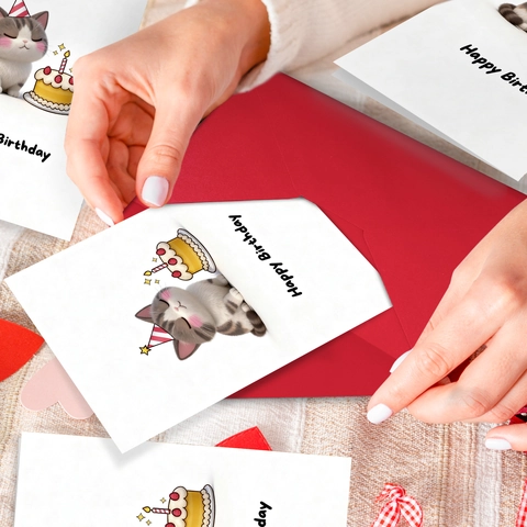 Cartoon Cat Birthday Greeting Card With Red Envelope For Kids Party 300GSM Coated Paper Large Folding Cards Blessing Stationery