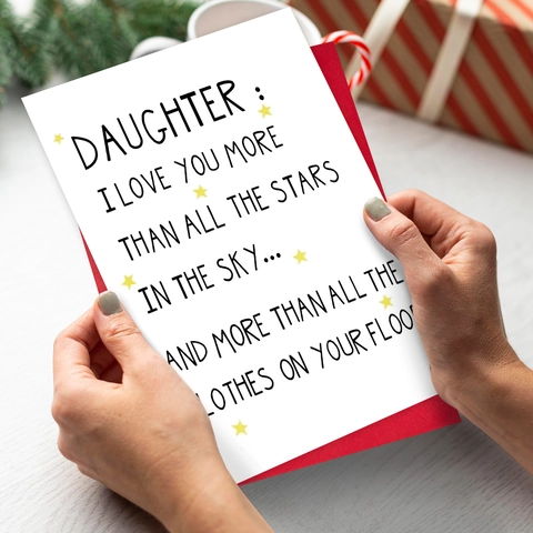 Biglietto d'Auguri Umoristico Per Figlia Con Busta Rossa Citazioni Divertenti Cartoncino Bianco Motivo Stelle Per Compleanno Regalo