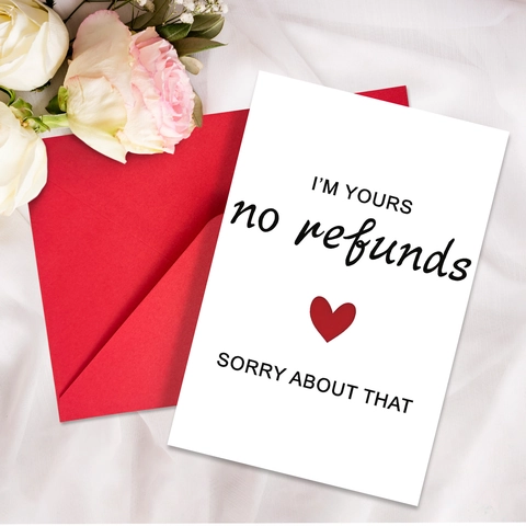 Biglietto d'Auguri Confessione Umoristica Con Busta Rossa I'M YOURS No Refunds Divertente Biglietto Regalo San Valentino Anniversario