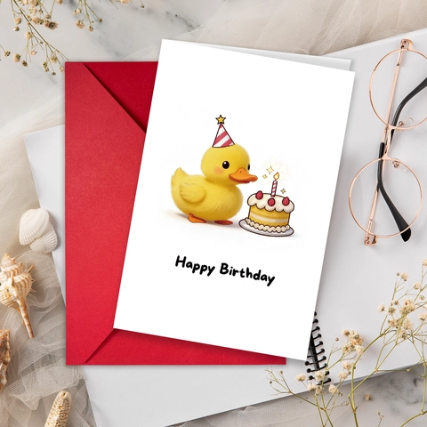 Cute Cartoon Yellow Duck Birthday Greeting Card With Red Envelope Set Happy Birthday Party Invitations For Kids Friends