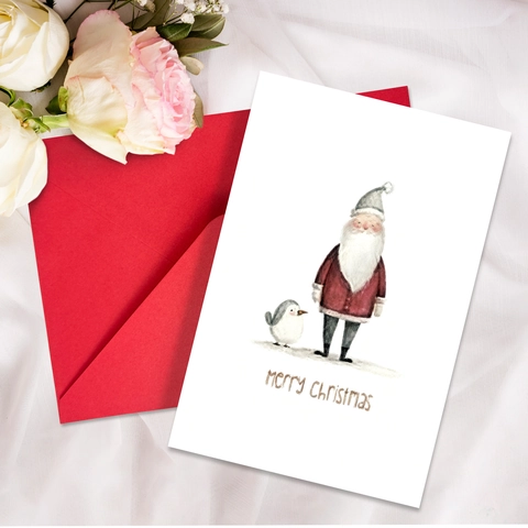 Vintage Christmas Greeting Cards Set With Red Envelopes Watercolor Santa Claus Penguin Decorative Holiday Blessing Cards