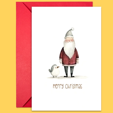 Vintage Christmas Greeting Cards Set With Red Envelopes Watercolor Santa Claus Penguin Decorative Holiday Blessing Cards