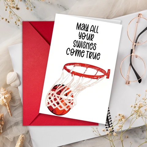 Set di Biglietti di Auguri a Tema Pallacanestro Con Busta Rossa Ispirazione Swishes Come True Biglietti di Ringraziamento
