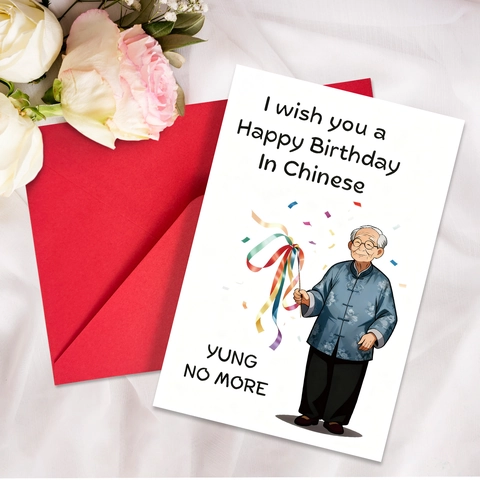 Humorous Chinese Style Birthday Greeting Card With Red Envelope Asian Elder Illustration Funny Typography Art Paper Card For Friends Family Birthday Gifts