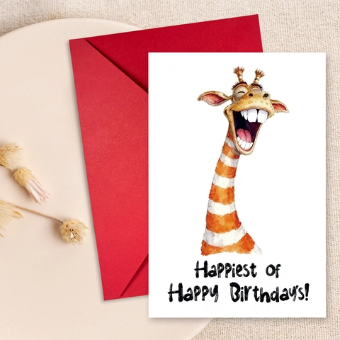 Funny Giraffe Watercolor Birthday Greeting Card With Red Envelope Illustration Style Card For Kids Birthday Party Gift Decoration