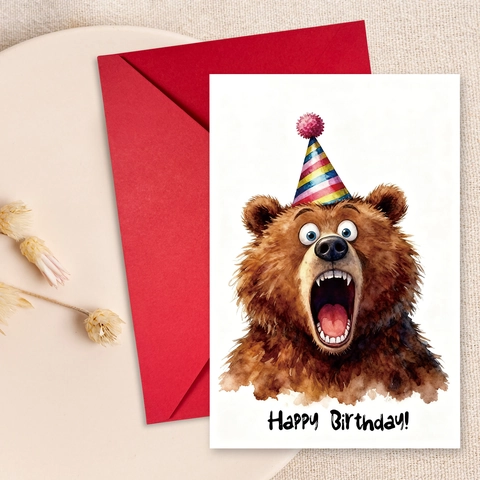 Carte de Vœux Anniversaire Ours de Dessin Animé Avec Enveloppe Rouge Aquarelle Style Dessiné Main Pour Fête Enfants