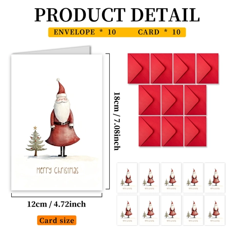 Watercolor Santa Claus Christmas Tree Greeting Cards With Red Envelopes Hand Drawn Folded Blank Note Cards For Holiday Blessing Gift