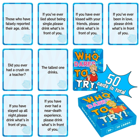 Carte da Gioco WHO DARES TO TRY Gioco di Bevute per Feste Sfida Sociale Interattiva per Adulti Gioco di Intrattenimento