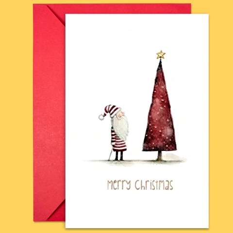 Set di Biglietti di Auguri Natalizi con Babbo Natale e Albero di Natale in Acquerello Retro con Busta Rossa Biglietto Regalo