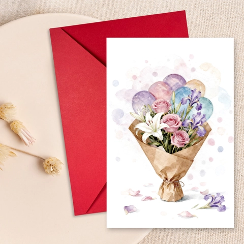 Watercolor Flower Bouquet Greeting Cards With Red Envelopes Lilies Roses Iris Pattern For Birthday Wedding Graduation Mother's Day