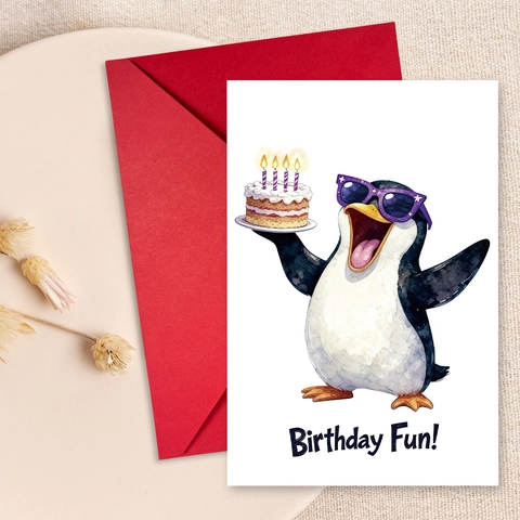 Watercolor Penguin Birthday Greeting Card With Red Envelopes Birthday Fun Illustration Handdrawn Style Stationery Gift