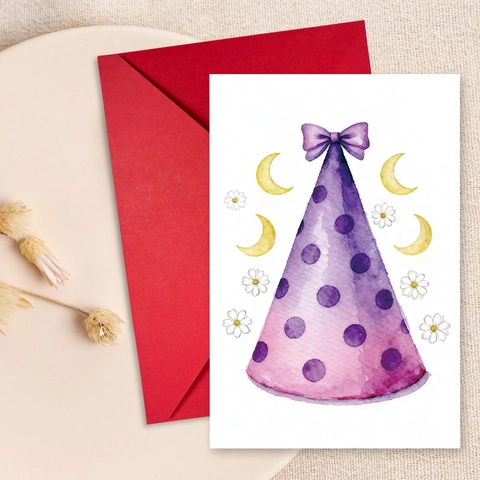 Watercolor Birthday Greeting Card Set Red Envelope Cute Party Hat Illustration White Cardboard Folded Blessing Card