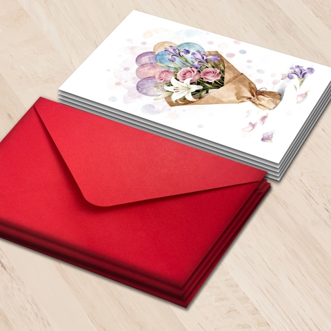 Watercolor Flower Bouquet Greeting Cards With Red Envelopes Lilies Roses Iris Pattern For Birthday Wedding Graduation Mother's Day