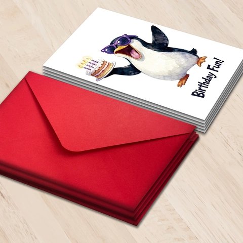 Watercolor Penguin Birthday Greeting Card With Red Envelopes Birthday Fun Illustration Handdrawn Style Stationery Gift