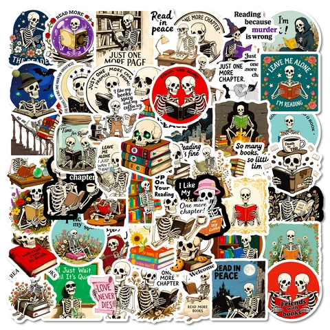 56Pcs Skull Book Reading Stickers Waterproof PVC Gothic Vintage Skeleton Decals For Laptop Water Bottle Scrapbooking Decoration