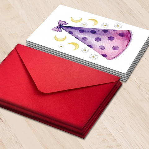 Watercolor Birthday Greeting Card Set Red Envelope Cute Party Hat Illustration White Cardboard Folded Blessing Card