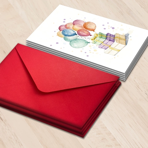 Watercolor Birthday Greeting Card Set With Red Envelopes Balloons Gift Box Illustration For Party Invitation Thank You Notes