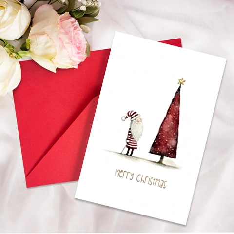 Set di Biglietti di Auguri Natalizi con Babbo Natale e Albero di Natale in Acquerello Retro con Busta Rossa Biglietto Regalo