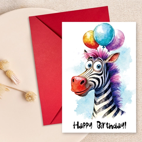 Watercolor Zebra Balloon Birthday Greeting Cards With Red Envelopes Cardboard Party Gift Blessing Card For Friends Kids