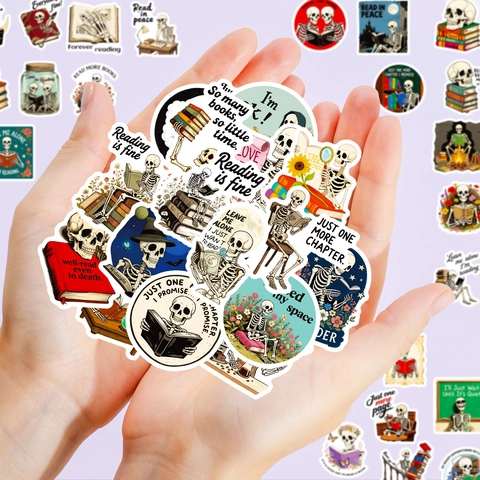 56Pcs Skull Book Reading Stickers Waterproof PVC Gothic Vintage Skeleton Decals For Laptop Water Bottle Scrapbooking Decoration