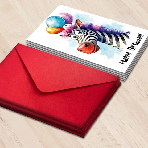 Watercolor Zebra Balloon Birthday Greeting Cards With Red Envelopes Cardboard Party Gift Blessing Card For Friends Kids