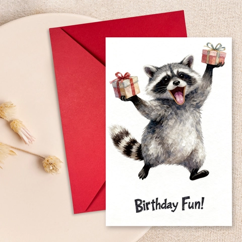 Aquarell Waschbär Illustration Geburtstag Grußkarte Mit Rotem Umschlag Für Geburtstagsfeier Feiern Geschenk Karte