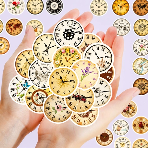 Vintage Retro Clock Face Stickers DIY Waterproof Wall Decals For Scrapbooking Journal Home Decoration Roman Numeral Clock Dial Stickers