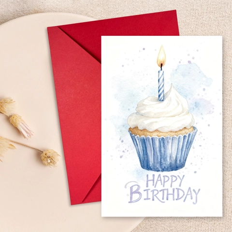 Aquarell Geburtstag Grußkarten Und Rote Umschläge Handgezeichnete Cupcake Happy Birthday Grußbotschaftskarten