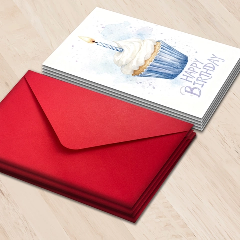 Aquarell Geburtstag Grußkarten Und Rote Umschläge Handgezeichnete Cupcake Happy Birthday Grußbotschaftskarten