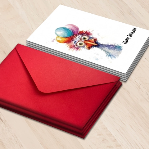 Cartes d'Anniversaire Autruche Aquarelle Drôles Avec Enveloppes Rouges Grandes Cartes Cadeaux Avec Oiseau Et Ballons