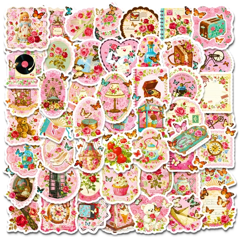 Rosa Retrò Romantico Floreale Adesivi Vintage Farfalla Cartone Animato Decorativi Per Fai Da Te Giornale Scrapbooking Agenda Laptop Cancelleria Regalo