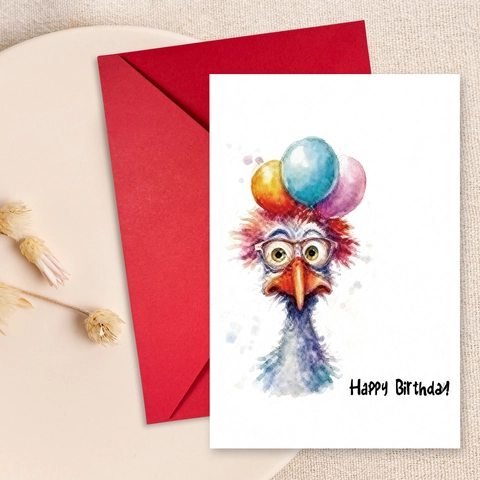 Cartes d'Anniversaire Autruche Aquarelle Drôles Avec Enveloppes Rouges Grandes Cartes Cadeaux Avec Oiseau Et Ballons