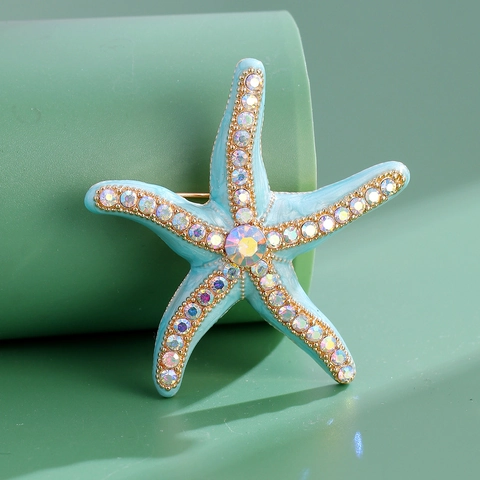 Creative Blue Enamel Starfish Brooch For Women Men Alloy Gold Plated Rhinestone Sea Animal Lapel Pin Brooch Jewelry Accessories