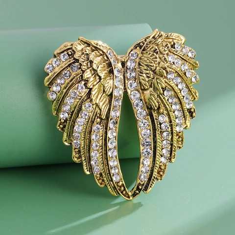 Fashion Alloy Rhinestone Angel Wing Heart Brooch Antique Gold Silver Plated Pin For Unisex Clothing Jewelry Accessory