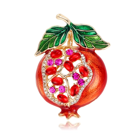 Elegant Alloy Pomegranate Brooch For Women Gold Plated Enamel Fruit Pin With Rhinestones Jewelry Clothing Decoration Gift