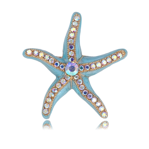 Fashion Alloy Starfish Brooch For Women Light Blue Enamel Rhinestone Pin Badge Elegant Coastal Animal Suit Accessories