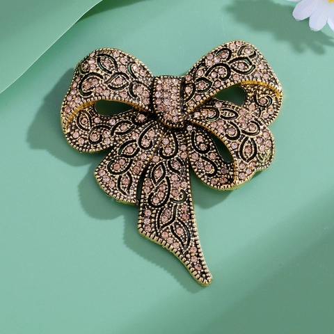 Vintage Bow Rhinestone Brooch For Women Gold Silver Plated Alloy Hollow Out Corsage Pin For Suit Coat Party Jewelry Gift