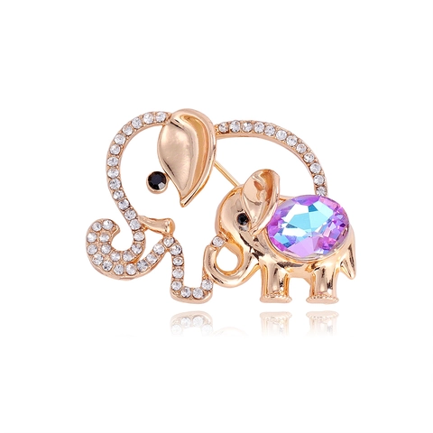 Elegante Spilla a Forma di Elefante in Lega Placcata Oro per Donna Spilla con Strass Viola Cristallo Forma Animale Gioielli