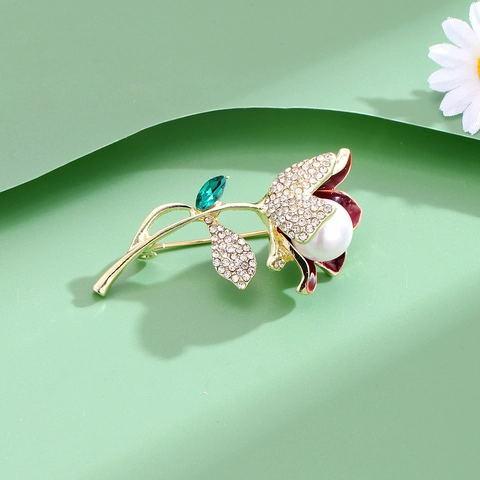 Elegante Broche de Flor de Tulipán de Aleación de Esmalte Con Diamantes de Imitación Perla Artificial Sintética Incrustada Chapado en Oro para Mujer Joyería de Boda